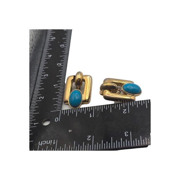 Vintage Bergére Clip On Earrings Light Blue Oval Bead Square Design Gold Tone - Picture 2 of 5